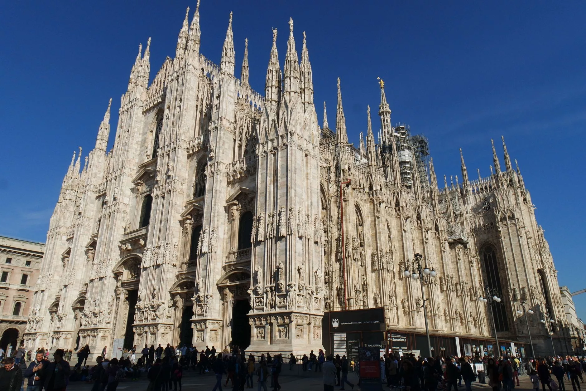 Milano Duomo meydanında güvercinler ve tarihi katedralin detaylı mimarisi