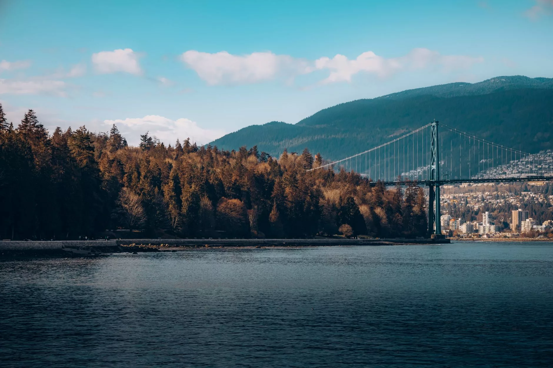Vancouver Stanley Park sahil yolu ve şehir silueti