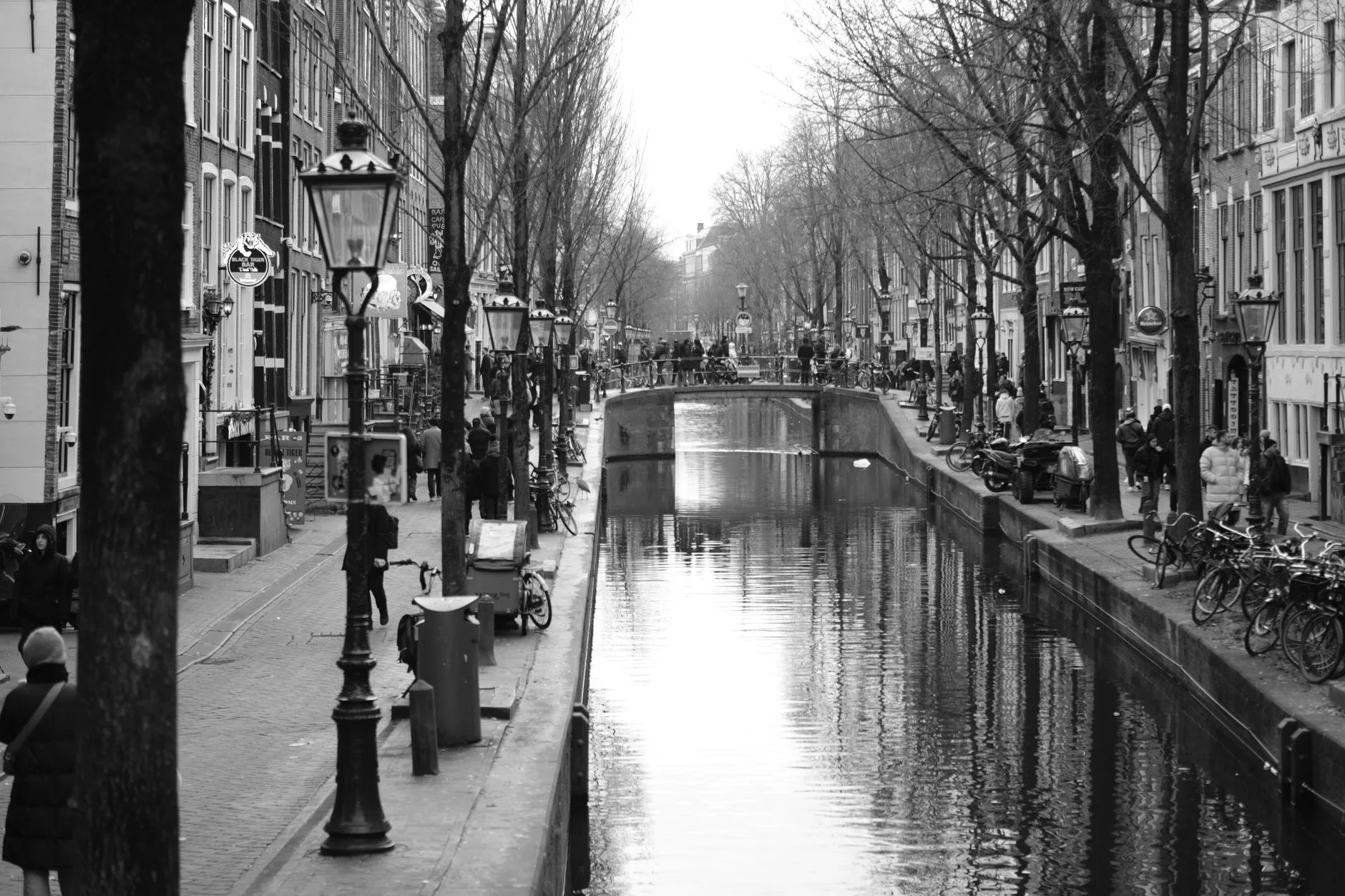 Amsterdam kanalları ve sabah saatlerinde bisiklet süren yerel halk