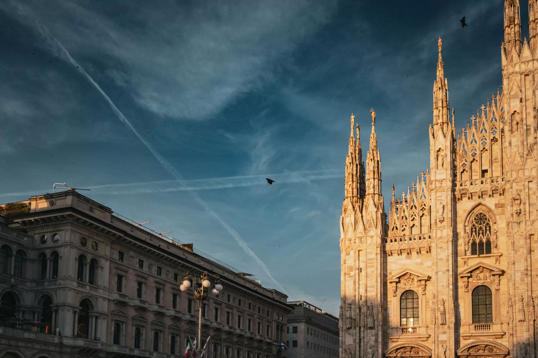 Duomo di Milano katedralinin önünde güvercinlerin uçuştuğu güneşli bir meydan