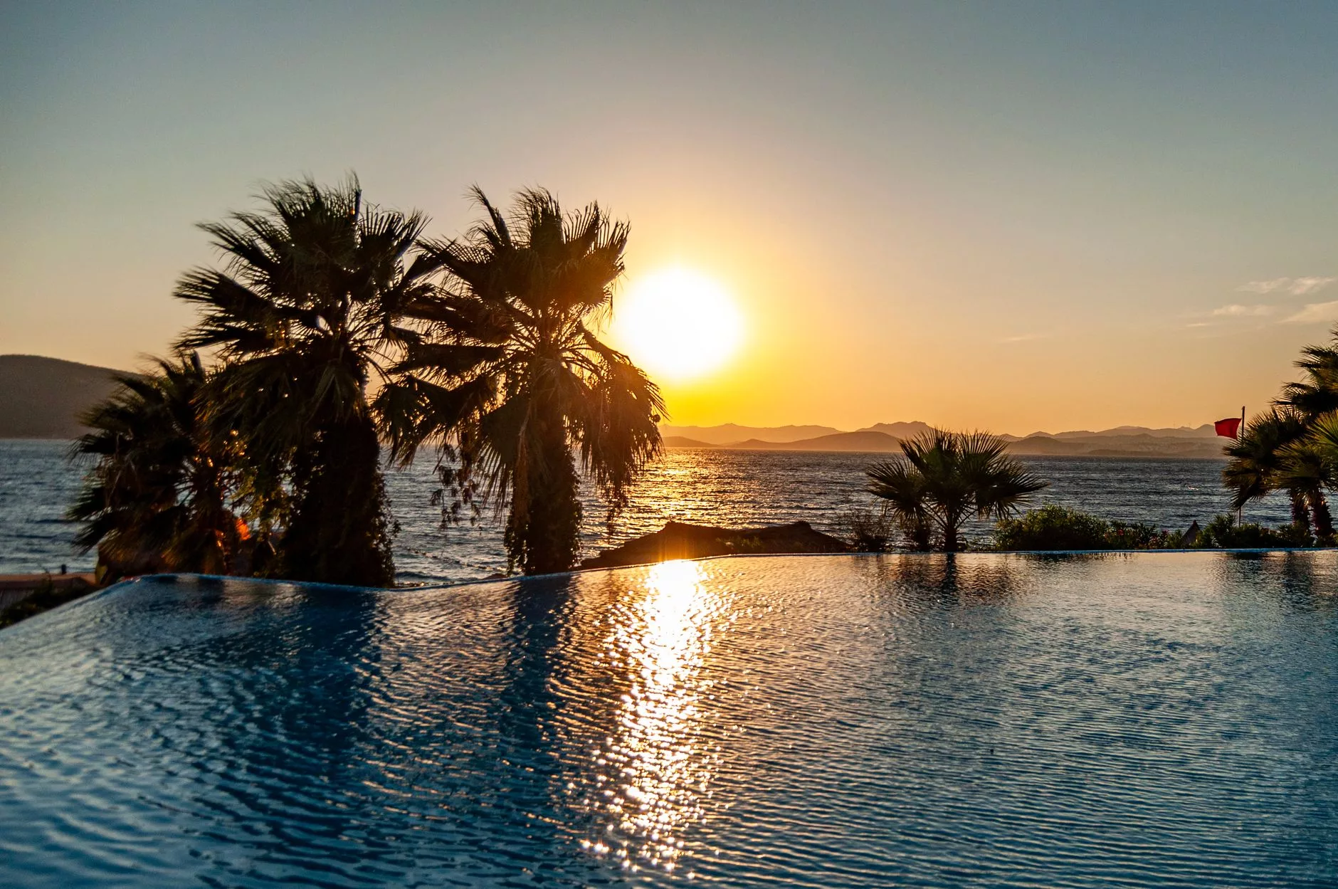 Bodrum Milas Havalimanı dış hatlar terminali önünde inen yolcular ve yaz güneşinde palmiyeler